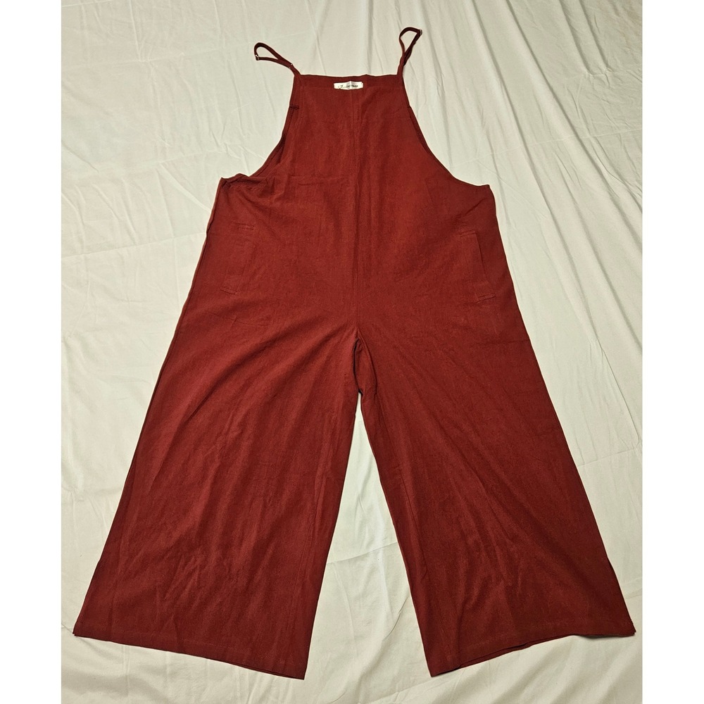 Aedvoouer Wide Leg Jumpsuit Women XL Red Cotton Linen Blend Bib Overalls Pockets
